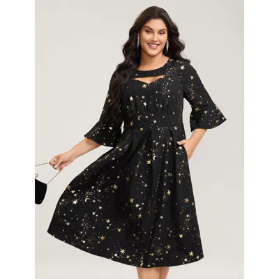 Bloomchic Women's Plus Size Shimmery Starry Neck Cut-out Midi Dress Black Stars And Moons Midi Party Pleated 3