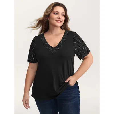 Bloomchic Women's Plus Size Shimmery Stretchy Spliced Fitted T-shirt Black Non Casual Short Sleeve 14-16/1x