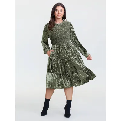 Bloomchic Women's Plus Size Shimmery Velvet Shirred Tiered Midi Dress Sage Non Knee Elegant Shirred 10/m In Green