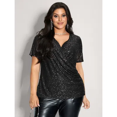 Bloomchic Women's Plus Size Shimmery Wrap Neck Sheer Sleeve T-shirt Black Solid Party Short Sleeve Deep V-neck