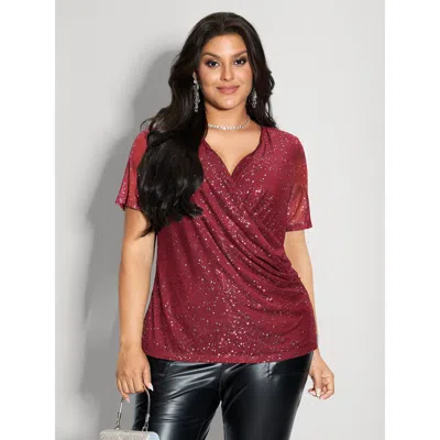 Bloomchic Women's Plus Size Shimmery Wrap Neck Sheer Sleeve T-shirt Burgundy Solid Party Short Sleeve Deep V-n
