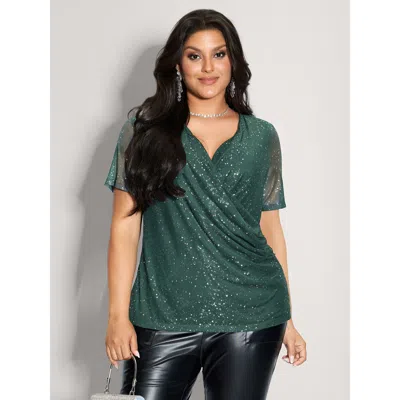 Bloomchic Women's Plus Size Shimmery Wrap Neck Sheer Sleeve T-shirt Darkgreen Solid Party Short Sleeve Deep V- In Green