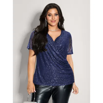 Bloomchic Women's Plus Size Shimmery Wrap Neck Sheer Sleeve T-shirt Indigo Solid Party Short Sleeve Deep V-nec In Purple