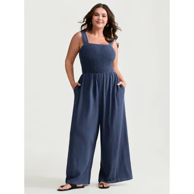 Bloomchic Women's Plus Size Shirred A-line Wide Strap Jumpsuit Aegean Casual 10/m In Blue