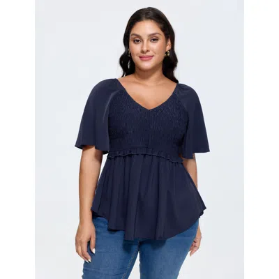 Bloomchic Women's Plus Size Shirred Back Fit And Flare Blouse Indigo Solid Elegant Short Sleeve V-neck 22-24/3 In Purple