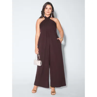 Bloomchic Women's Plus Size Shirred Back Halter Neckline Jumpsuit Eggplant Party 18-20/2x In Purple