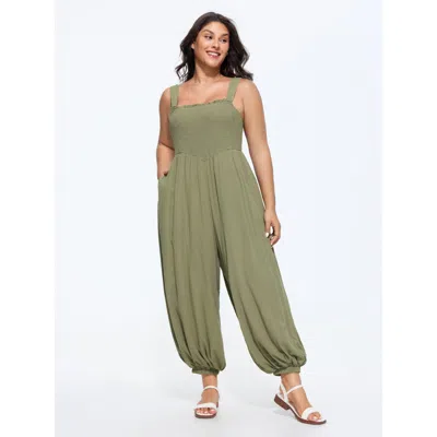 Bloomchic Women's Plus Size Shirred Bodice Cuffed Hem Jumpsuit Sage Casual 10/m In Green