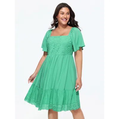 Bloomchic Women's Plus Size Shirred Bodice Flared Sleeve Lace Hem Mini Dress Mint Solid Midi Vacation Patchwor In Green