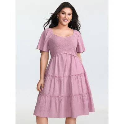 Bloomchic Women's Plus Size Shirred Bodice Flared Sleeve Pockets Mini Dress Blush Non Knee Casual Shirred 12/l In Pink