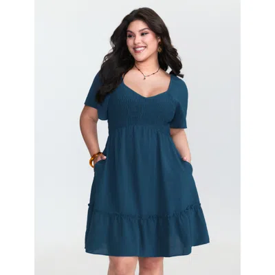 Bloomchic Women's Plus Size Shirred Bodice Ruffle Hem Flowy Mini Dress Aegean Non Short Vacation 10/m In Blue