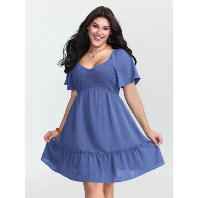 Bloomchic Women's Plus Size Shirred Bodice Ruffle Hem Flowy Mini Dress Mediumblue Non Short Vacation 10/m