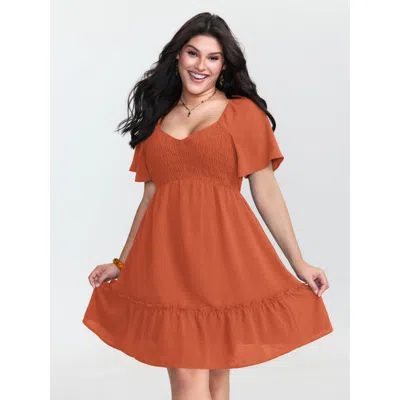 Bloomchic Women's Plus Size Shirred Bodice Ruffle Hem Flowy Mini Dress Rust Non Short Vacation 30/6x In Brown