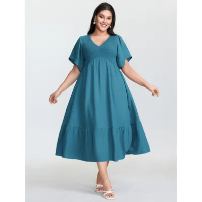 Bloomchic Women's Plus Size Shirred Bodice Ruffled Hem Midi Dress Cerulean Solid Midi Elegant Shirred 10/m In Blue