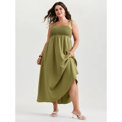 Bloomchic Women's Plus Size Shirred Bodice Shoulder Ties Maxi Dress Moss Non Maxi Vacation 28/5x In Green