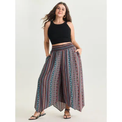 Bloomchic Women's Plus Size Shirred Colorful Asymmetric Hem Pants Blackflower Ethnic Floral Flared High Rise V