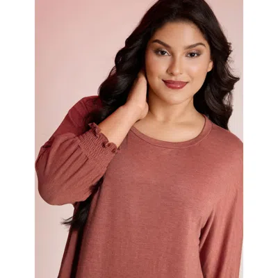 Bloomchic Women's Plus Size Shirred Cuff Sleeve Round Neck T-shirt Coral Non Casual 3/4 Sleeve 10/m In Orange