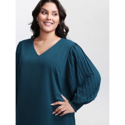 Bloomchic Women's Plus Size Shirred Cuffs Pleated Sleeve Blouse Mediumblue Synthetic Texture Office Long Sleev