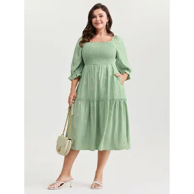 Bloomchic Women's Plus Size Shirred Embroidered Square Neckline Tiered Midi Dress Greenbean Synthetic Texture 