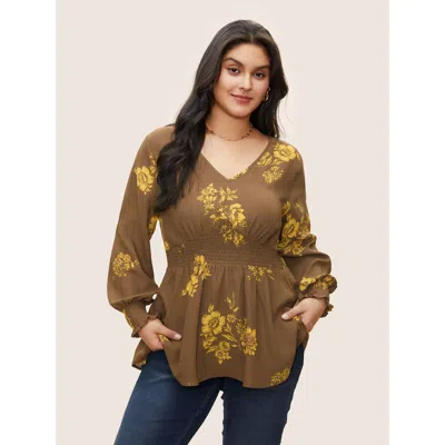 Bloomchic Women's Plus Size Shirred Floral Elastic Waist Lantern Sleeve Blouse Bronze Everyday Long Sleeve 12/ In Brown