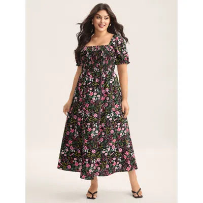Bloomchic Women's Plus Size Shirred Floral Print Pockets Maxi Dress Black Elegant Smocked 12/l