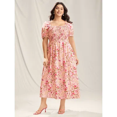 Bloomchic Women's Plus Size Shirred Floral Print Pockets Maxi Dress Coral Elegant Smocked 10/m In Orange