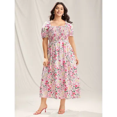 Bloomchic Women's Plus Size Shirred Floral Print Pockets Maxi Dress Whitesmoke Elegant Smocked 12/l