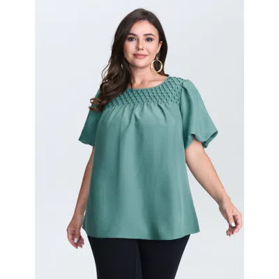 Bloomchic Women's Plus Size Shirred Handmade Detail Bubble Sleeve Blouse Turquoise Solid Elegant Short Sleeve  In Blue