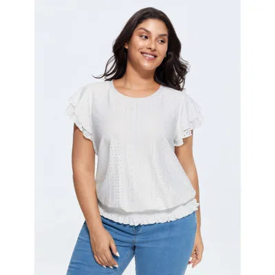 Bloomchic Women's Plus Size Shirred Hem Eyelet Textured T-shirt Whitesmoke Solid Casual Cap Sleeve Round Neck 