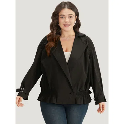 Bloomchic Women's Plus Size Shirred Lapel Collar Metal Buckle Button Up Trench Coat Women Black Gathered Plain