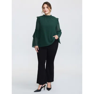 Bloomchic Women's Plus Size Shirred Layered Ruffled Sheer Sleeve Blouse Cyan Solid Elegant Long Sleeve Mock Ne In Blue