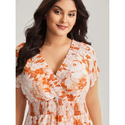 Bloomchic Women's Plus Size Shirred Neck Floral Print Midi Dress Brightorange Floral Knee Elegant 30/6x