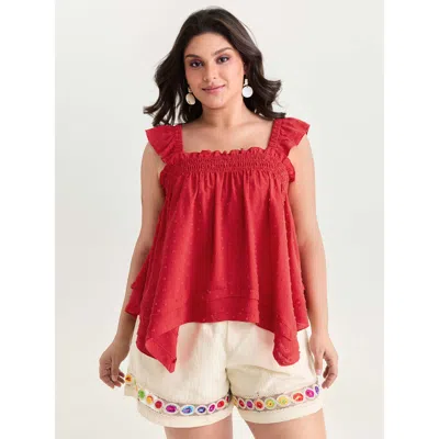 Bloomchic Women's Plus Size Shirred Neckline Asymmetrical Hem Blouse Crimson Solid Elegant Cap Sleeve Square N In Red