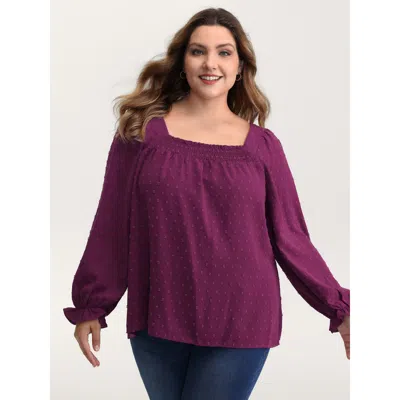 Bloomchic Women's Plus Size Shirred Neckline Bust-ease Textured Blouse Redviolet Non Elegant Long Sleeve 22-24