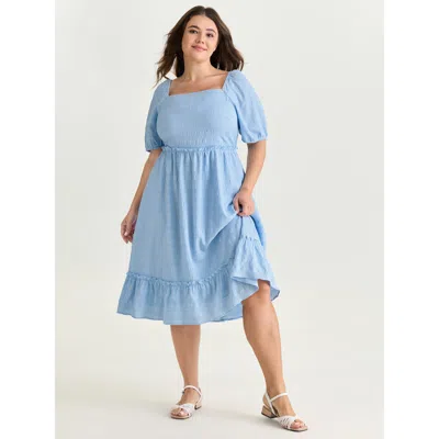 Bloomchic Women's Plus Size Shirred Open Back Ruffled Hem Midi Dress Lightblue Solid Knee Length Casual Cable  In Blue