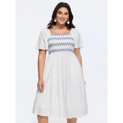 Bloomchic Women's Plus Size Shirred Pockets Flared Sleeve Midi Dress Opticwhite Solid Midi Vacation Smocked 12 In White