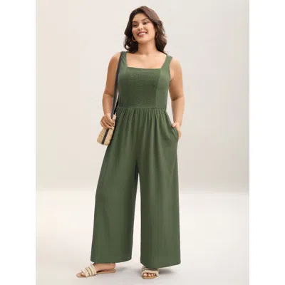 Bloomchic Women's Plus Size Shirred Pockets Wide-leg Plain Jumpsuit Armygreen Vacation 10/m
