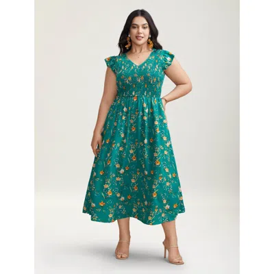Bloomchic Women's Plus Size Shirred Printed Flutter Sleeve Pockets Midi Dress Teal Ditsy Floral Midi Elegant S In Blue