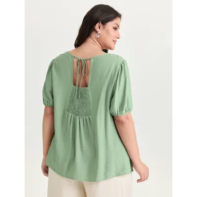 Bloomchic Women's Plus Size Shirred Puff Sleeve Keyhole Neckline Blouse Greenbean Non Casual Short Sleeve 30/6