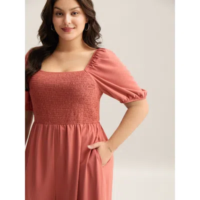 Bloomchic Women's Plus Size Shirred Puffy Sleeve Pockets Jumpsuit Coral Casual 10/m In Orange