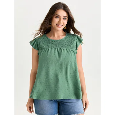 Bloomchic Women's Plus Size Shirred Round Neckline Flutter Sleeve Blouse Teal Solid Vacation Short Sleeve Roun In Blue