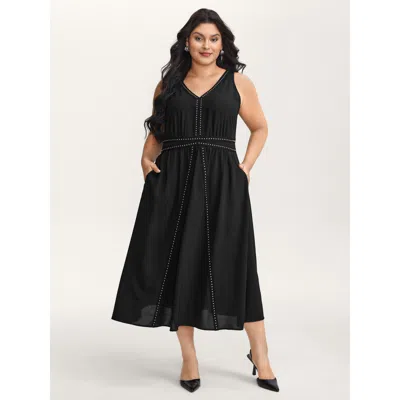 Bloomchic Women's Plus Size Shirred Side Pockets V-neck Midi Dress Black Non Midi Elegant 12/l