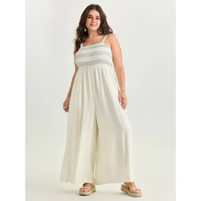 Bloomchic Women's Plus Size Shirred Sleeveless Wide Leg Jumpsuit Ivory Vacation 22-24/3x In White