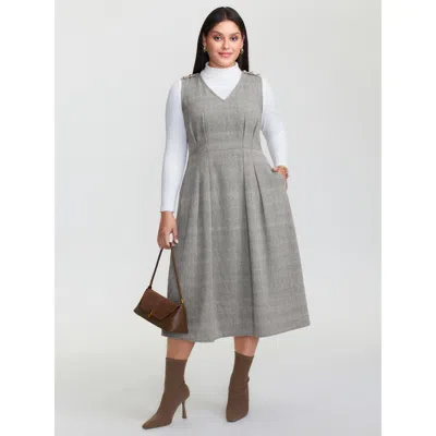 Bloomchic Women's Plus Size Shirred Stretchy Fit And Flare Midi Dress Browncoffeecolor Solid Midi Office Smock