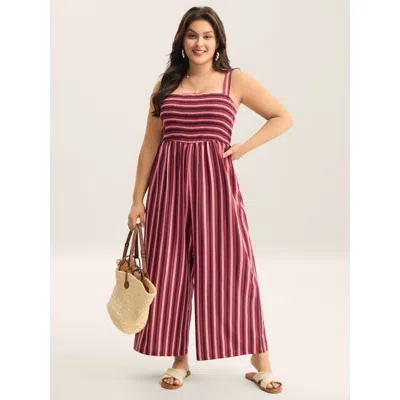 Bloomchic Women's Plus Size Shirred Stripes Adjustable Pockets Jumpsuit Burgundy Vacation 30/6x