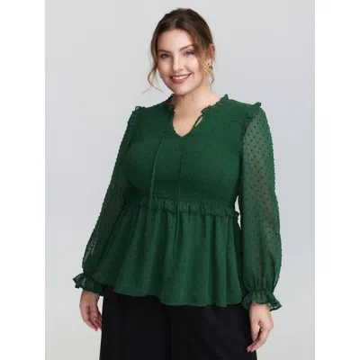Bloomchic Women's Plus Size Shirred Textured Neck-tie Blouse Emerald Synthetic Texture Elegant Extra Long Slee In Green