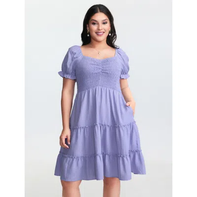 Bloomchic Women's Plus Size Shirred Tiered Gathered Sleeve Mini Dress Lavender Synthetic Texture Knee Elegant  In Purple