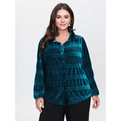 Bloomchic Women's Plus Size Shirred Velvet Relaxed-fit Button Down Shirt Aegean Elegant Sleeveless 22-24/3x In Blue