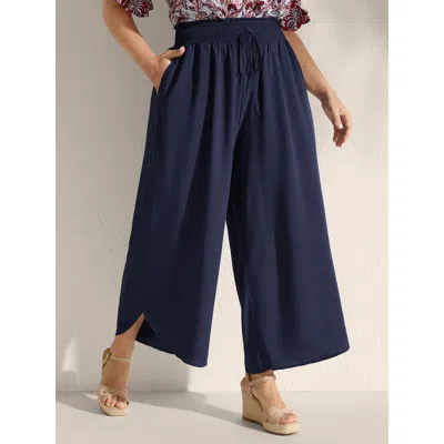 Bloomchic Women's Plus Size Shirred Waist Curvy Hem Wide-leg Pants Indigo Non Wide Leg Mid Rise Vacation 10/m In Purple