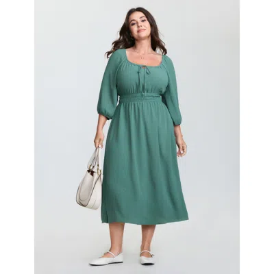 Bloomchic Women's Plus Size Shirred Waist Drawstring Neckline Midi Dress Malachitegreen Solid Midi Casual Bowk