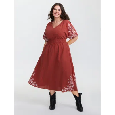 Bloomchic Women's Plus Size Shirred Waist Embroidered Midi Dress Rust Floral Midi Vacation Smocked 30/6x In Brown